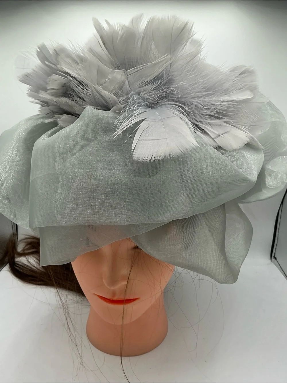 Elegant Feather Fascinator Headband in Light Gray and silver